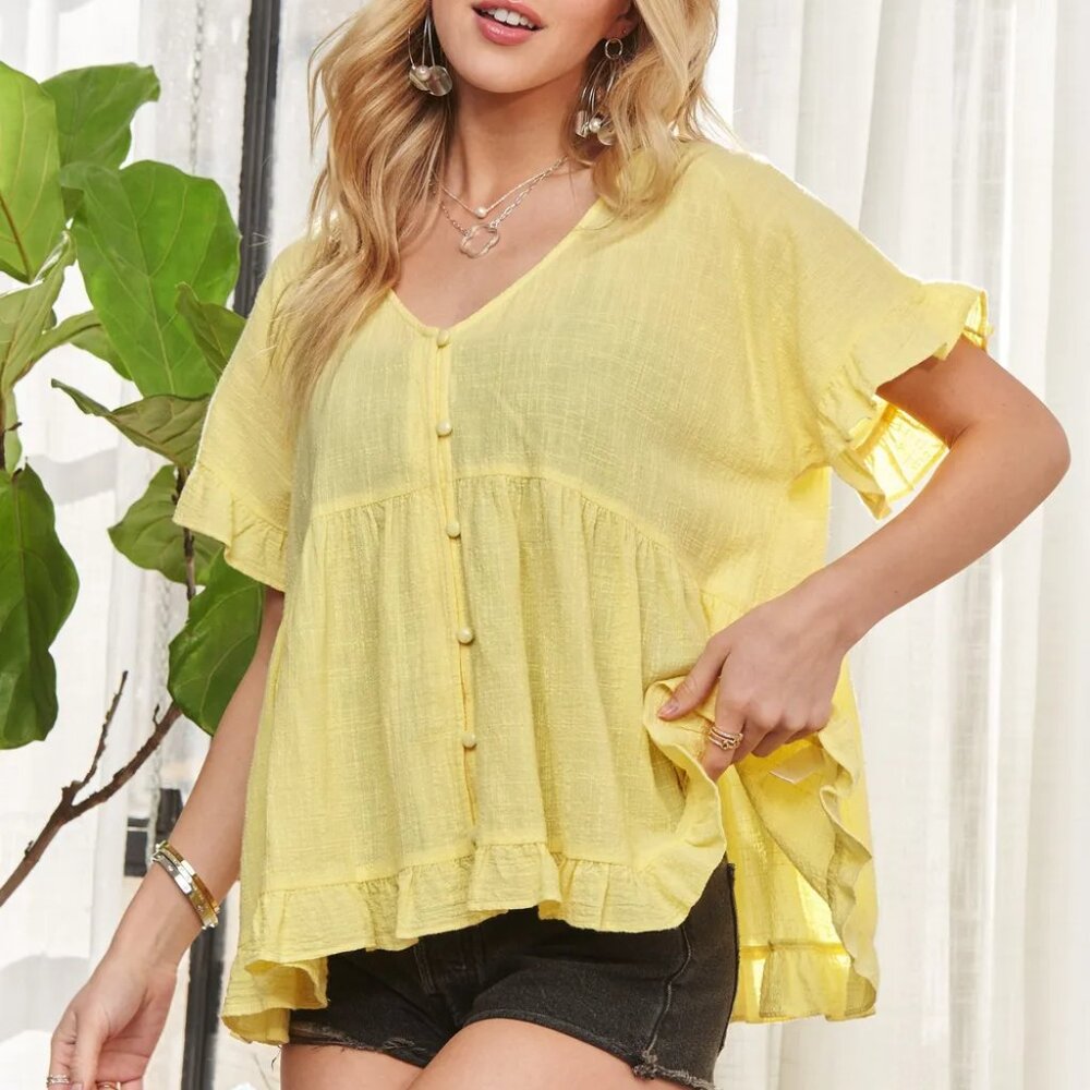 ADORA Button‎ Down Ruffled Babydoll Blouse - Picture 3 of 5